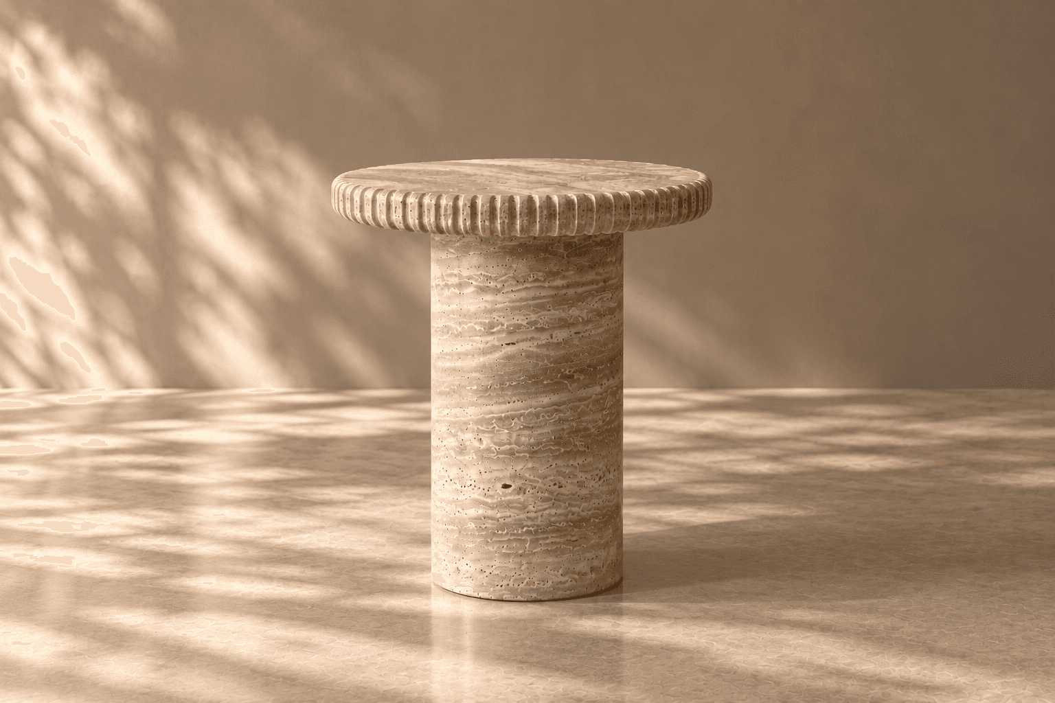 A small, round side table constructed entirely from natural travertine stone. It features a solid cy… — free STL 3D model