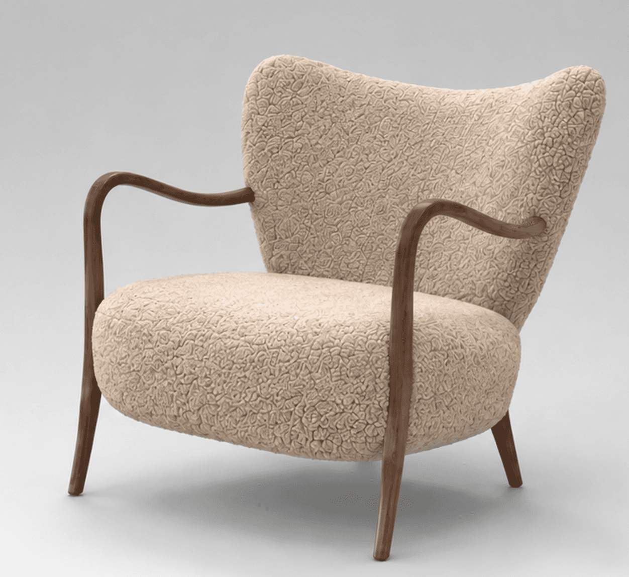 An armchair featuring a rounded, plush silhouette upholstered in a cream or beige bouclé fabric. It… — free OBJ 3D model