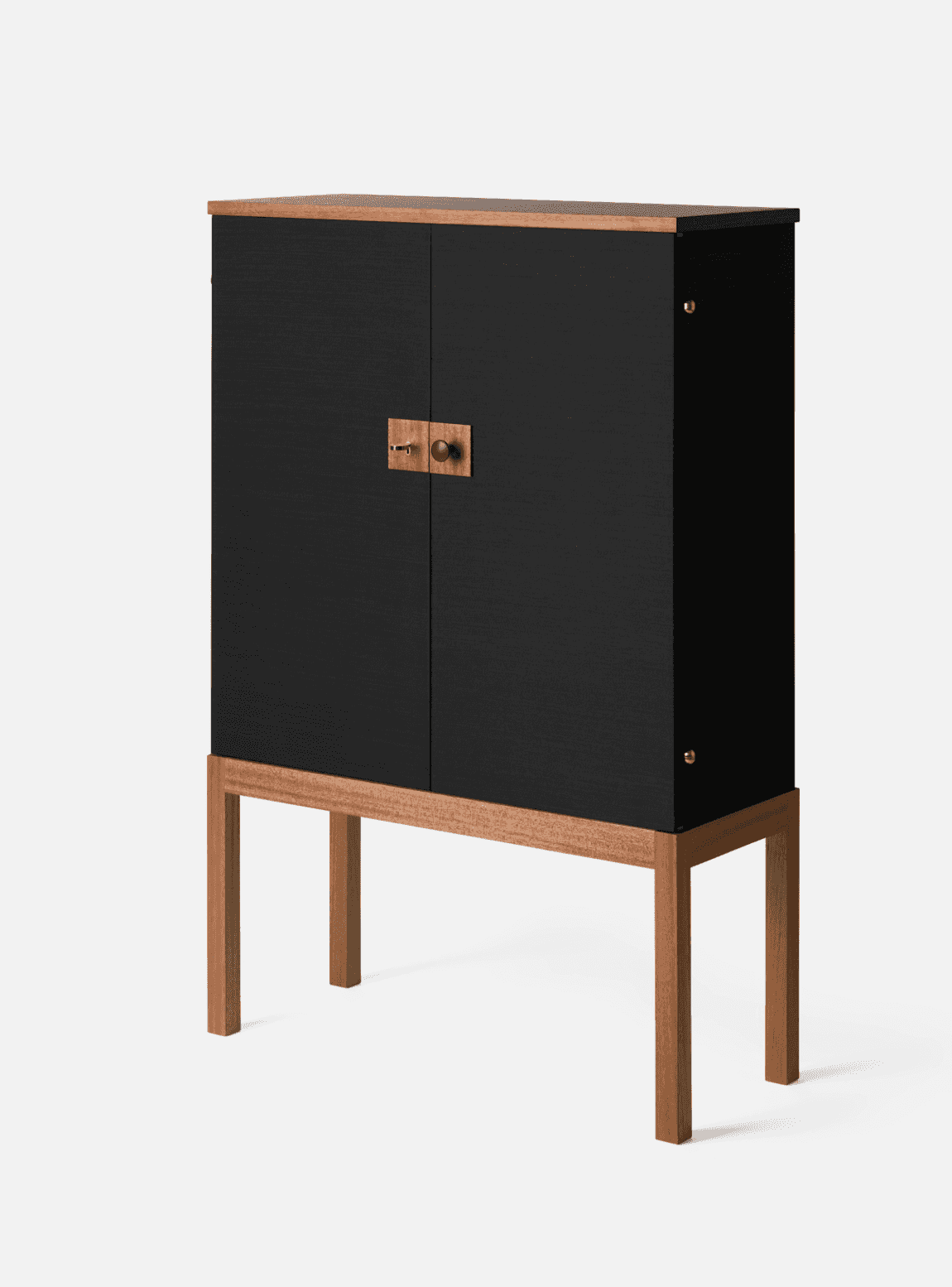 A sleek, modern two-door cabinet featuring a textured black body, a natural wood top, and a matching… — 3D model