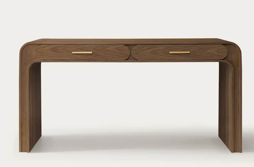 A modern desk featuring a distinctive waterfall design crafted from rich, medium-brown wood. The des… — 3D model