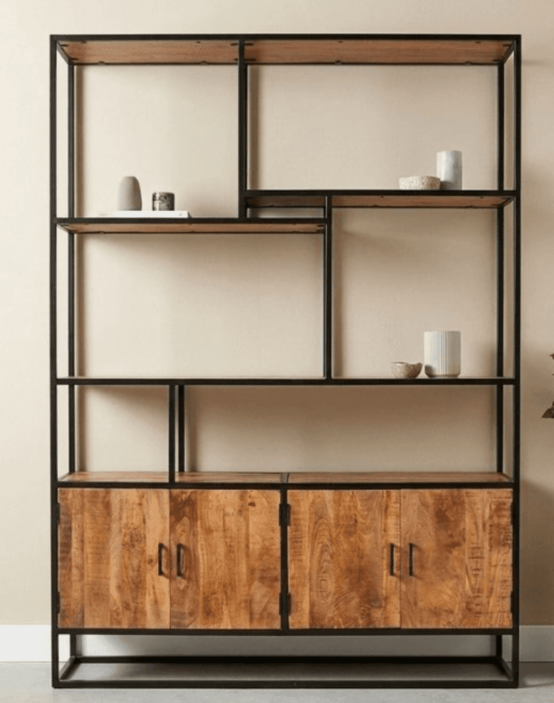 A tall, industrial-style shelving unit featuring a black metal frame and light brown wooden shelves… — 3D model