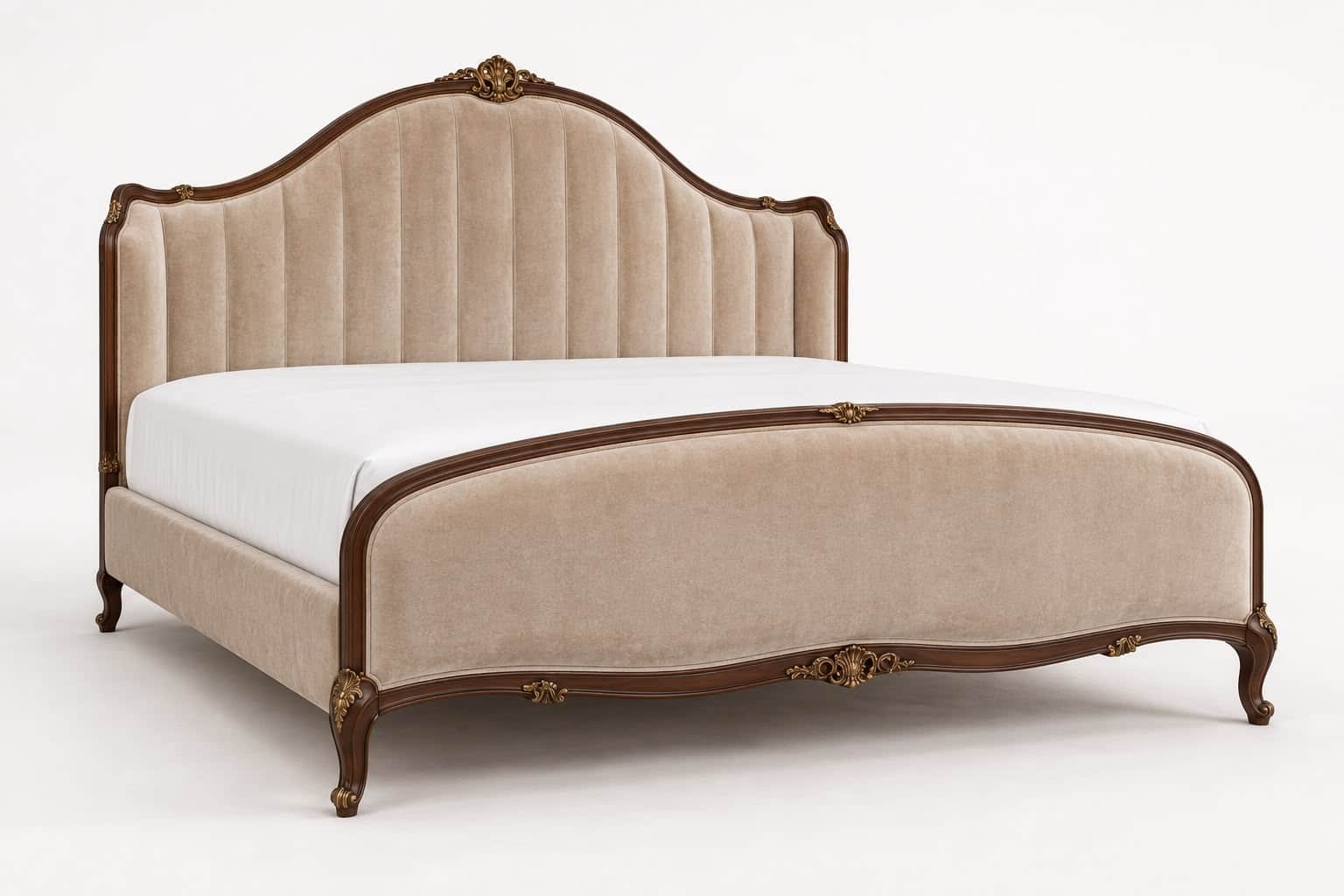 A lavish, traditionally styled bed featuring a high, curved headboard and footboard upholstered in b… — free GLTF 3D model