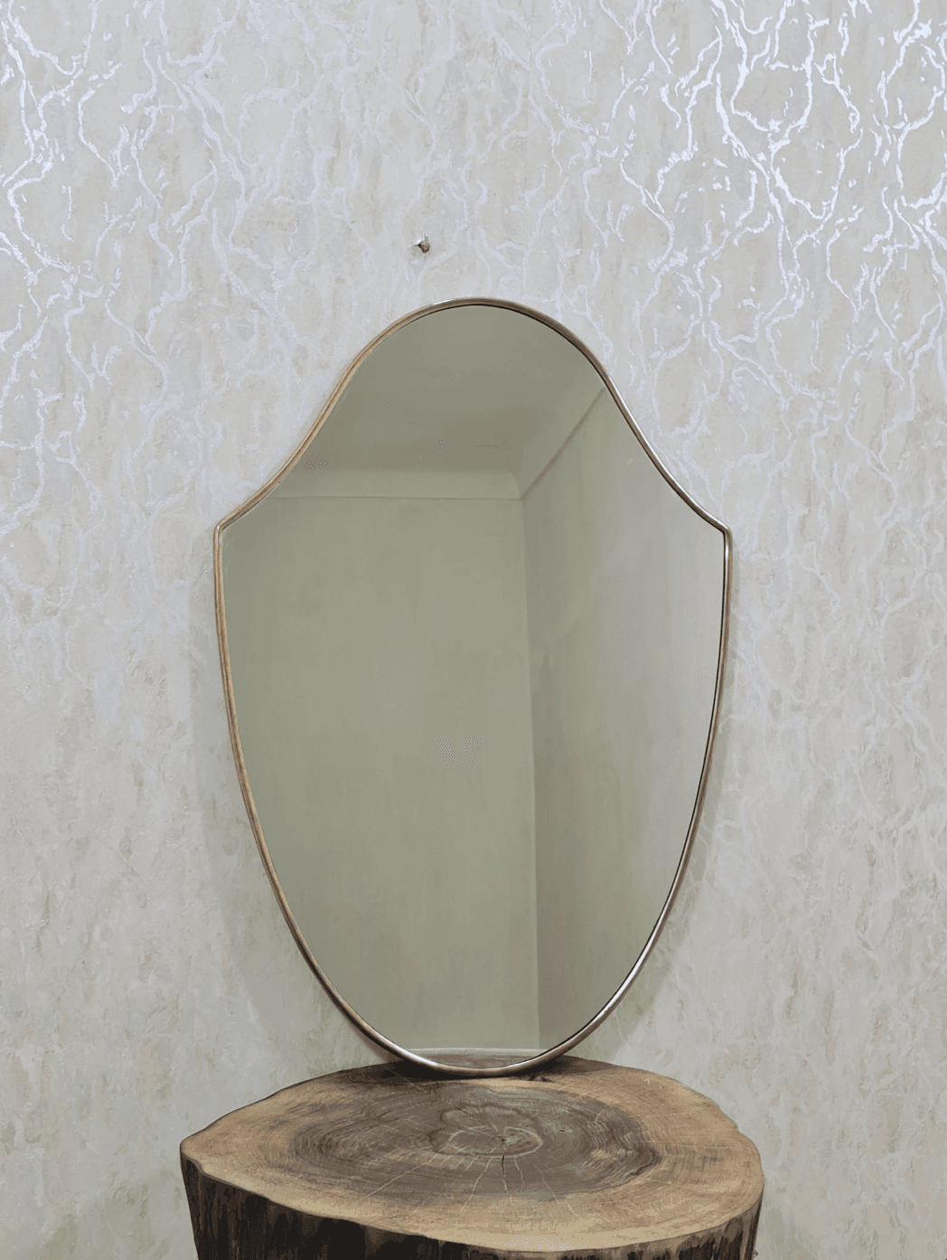 A wall-mounted mirror featuring a distinctive scalloped, shield-like silhouette. The mirror is frame… — 3D model