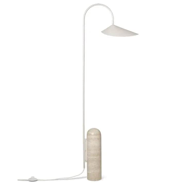 A modern minimalist floor lamp featuring an arched white metal stem, a shallow conical white shade,… — 3D model