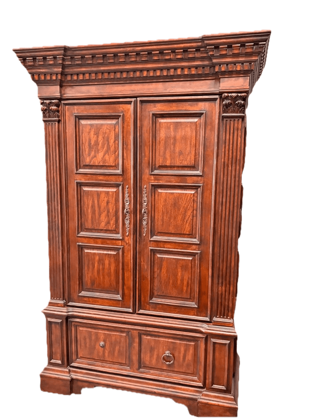 A tall, ornate wooden armoire in a Baroque style, featuring a dark reddish-brown hardwood finish, in… — 3D model