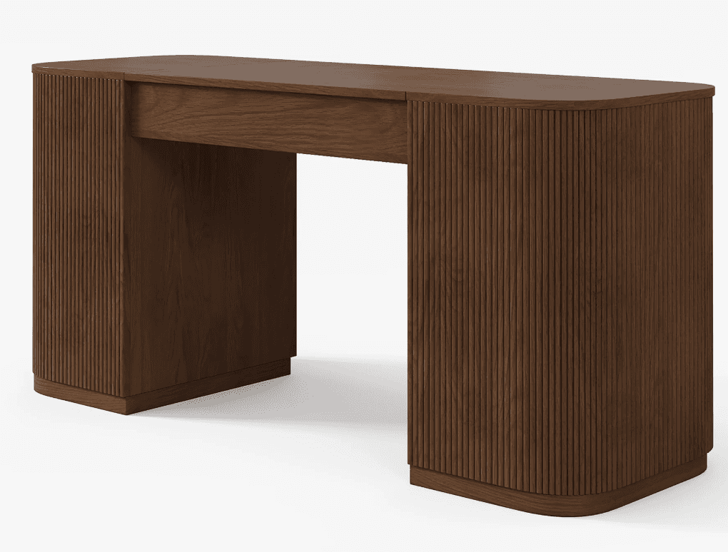 A contemporary desk constructed from dark brown wood, featuring vertical fluted detailing on the sid… — 3D model