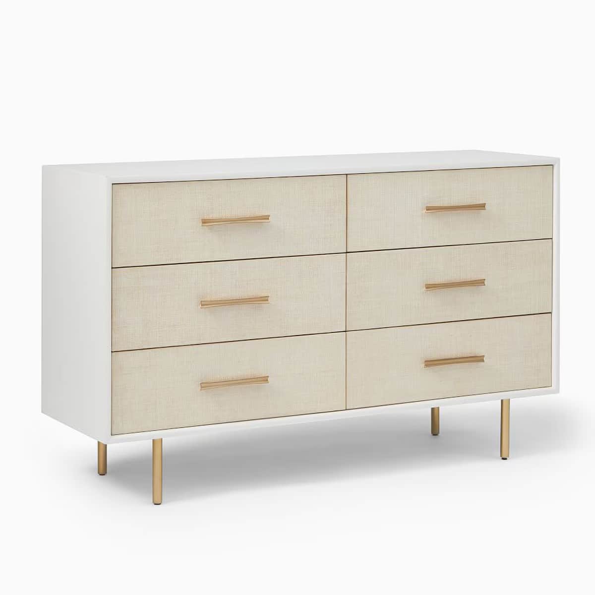 A modern dresser featuring a clean white frame, six drawers with textured light beige grasscloth fro… — 3D model