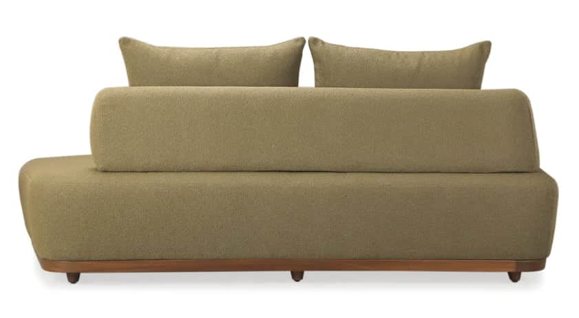 An upholstered sofa featuring a muted olive green, textured fabric, a distinctive tapered backrest,… — 3D model