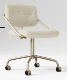A modern swivel desk chair featuring a padded cream-colored seat and backrest, supported by a gold-f… — 3D model