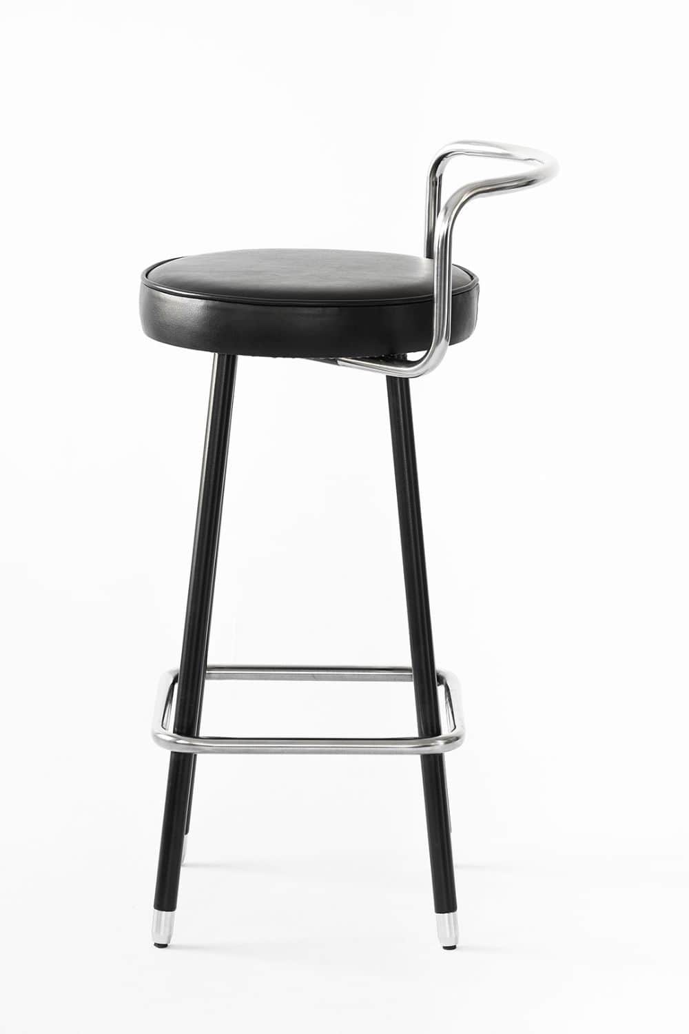 A contemporary bar stool with a round, padded black faux leather seat, supported by black metal legs… — 3D model