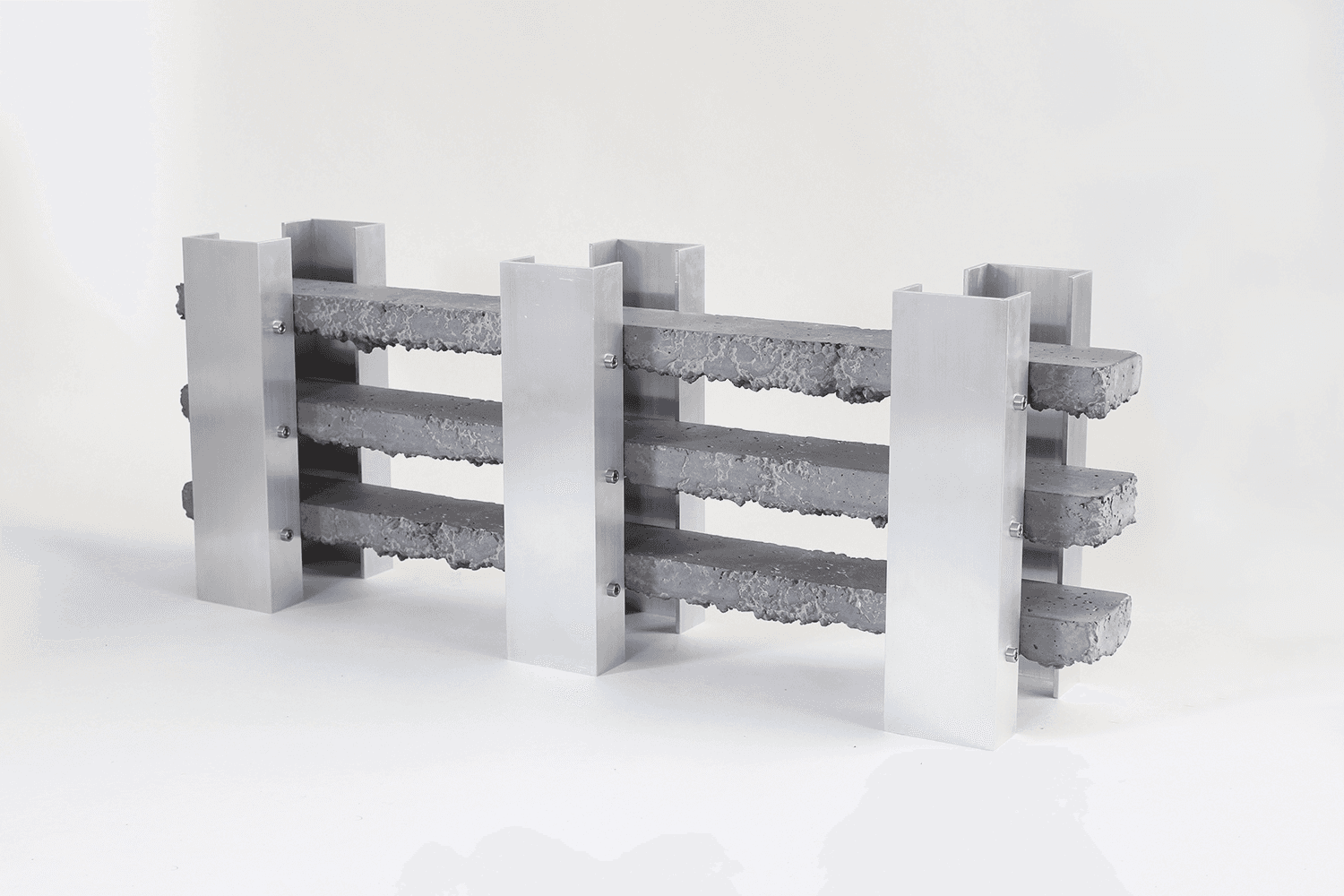 A sculptural piece composed of three horizontal concrete beams supported by four vertical aluminum p… — free OBJ 3D model
