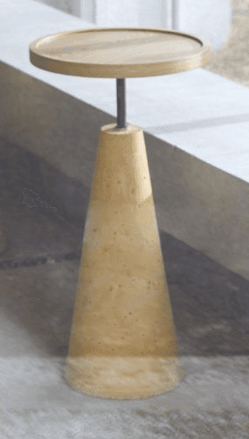 A tall, slender pedestal side table featuring a round, light-toned wooden top with a raised rim, sup… — 3D model