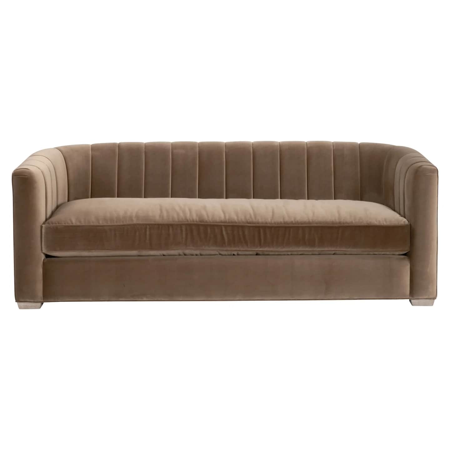 A contemporary sofa featuring a sleek, rectangular silhouette with gently rounded arms and a distinc… — free GLTF 3D model