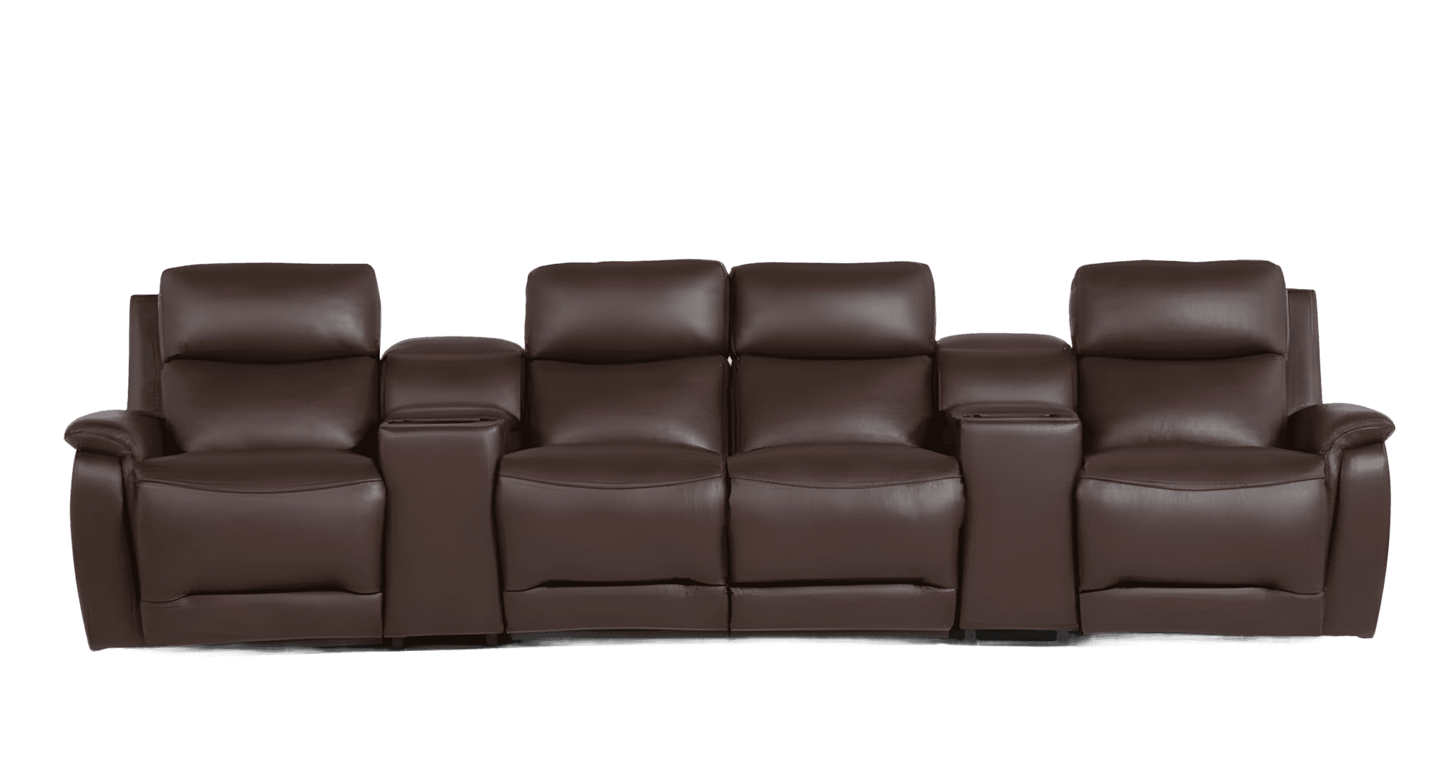 A contemporary four-seat reclining sofa upholstered in dark brown leather or faux leather, featuring… — free GLTF 3D model