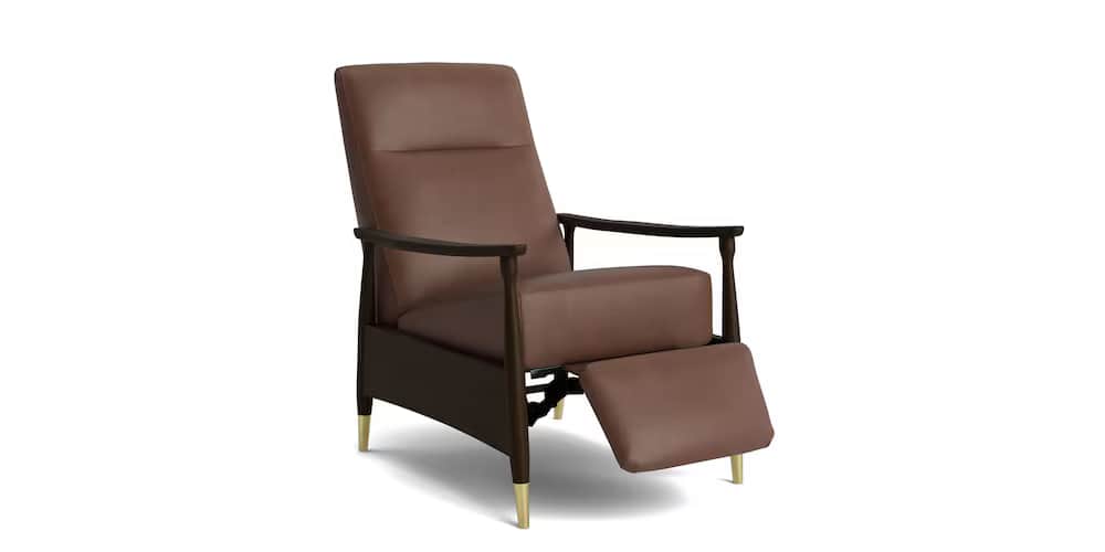 A brown leather recliner chair with a wooden frame. The chair features a high back and a padded seat… — 3D model