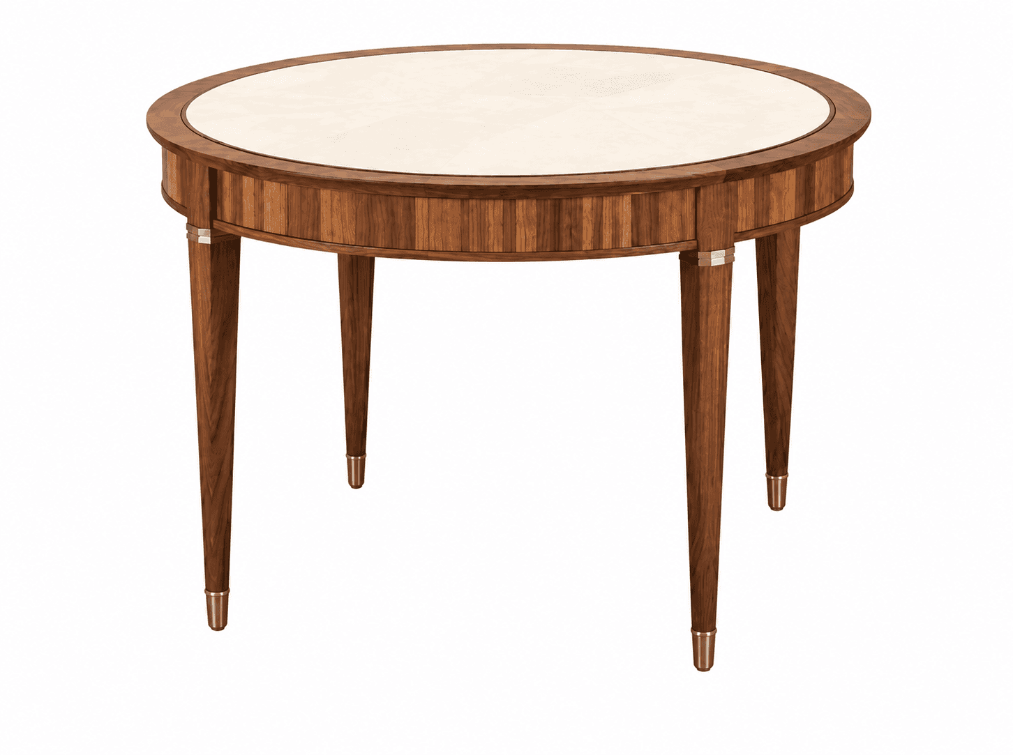 A round, wooden accent table featuring a light-colored, possibly inlaid, top surface. The apron is a… — 3D model