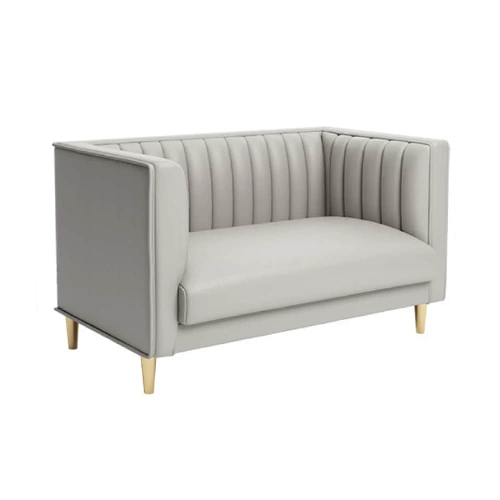 A compact two-seater loveseat upholstered in light gray material, featuring vertical channel tufting… — 3D model