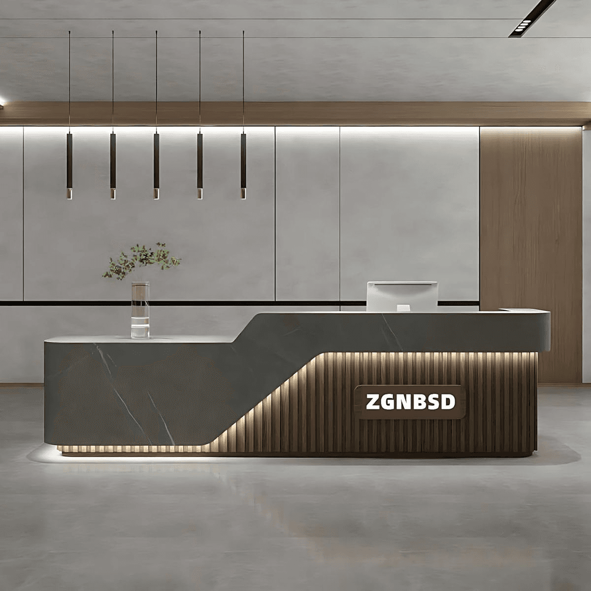 An L-shaped modern reception desk featuring a dark grey, marble-effect surface with rounded edges. T… — 3D model