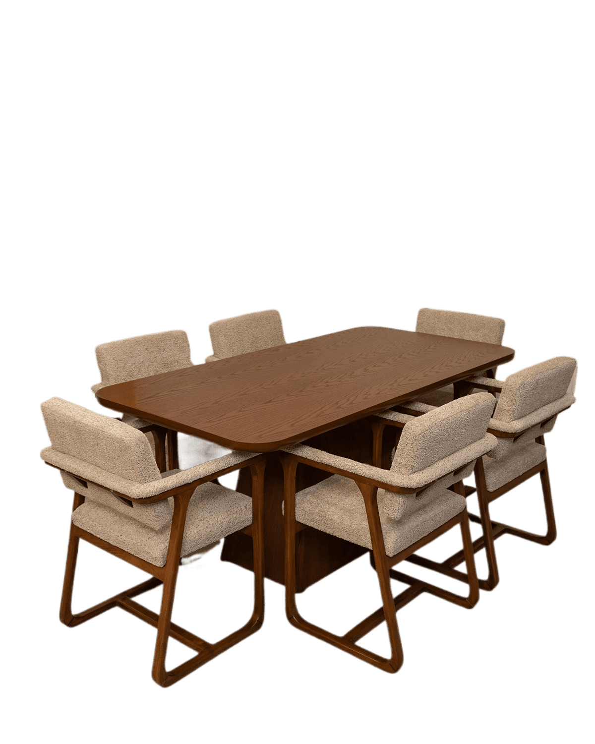 A complete mid-century modern dining set featuring a rectangular wooden table with rounded corners a… — free GLTF 3D model