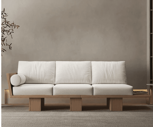 A modern three-seater sofa featuring a distinctive light wood platform frame and off-white upholster… — 3D model