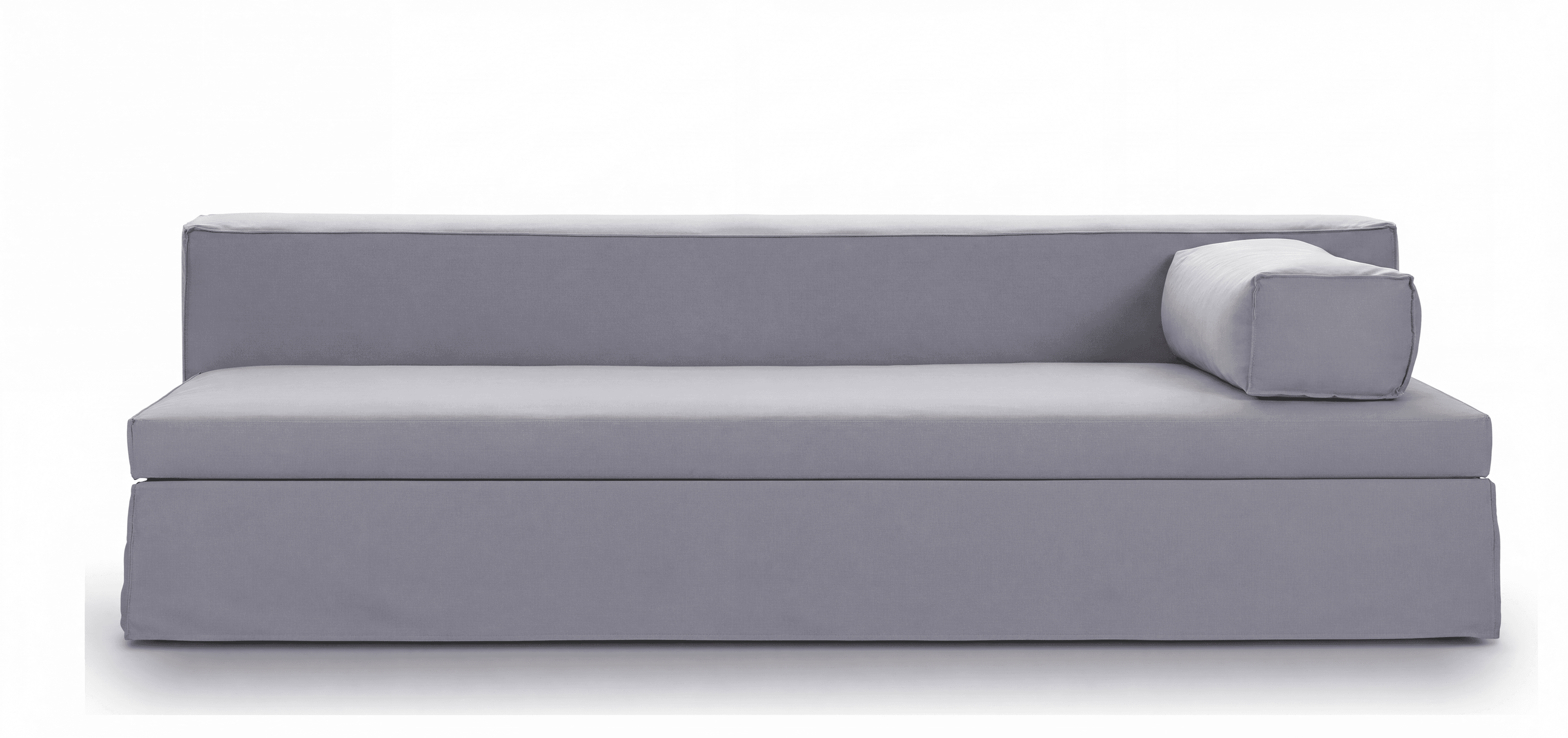 A modern grey fabric daybed featuring a minimalist design with clean lines. It has a full backrest a… — 3D model