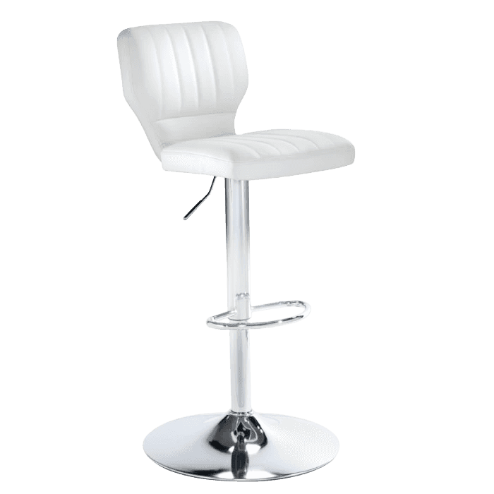 A modern white bar stool with a padded seat and backrest. The seat and backrest feature channel tuft… — 3D model