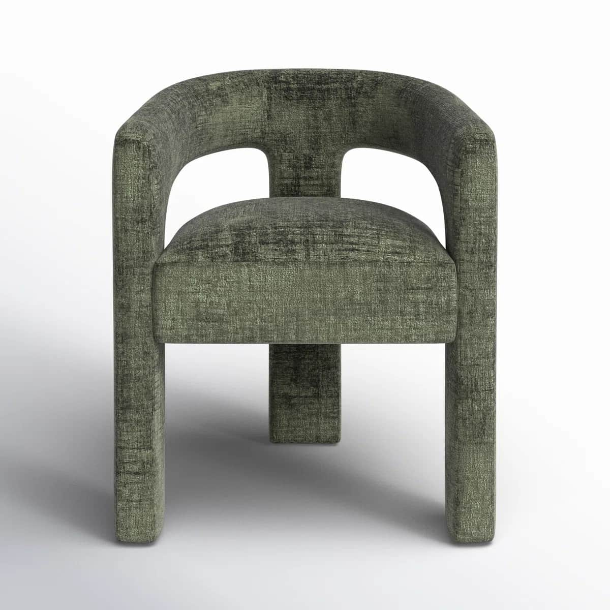 A modern armchair upholstered in a textured, dark green fabric. It features a curved backrest with t… — free OBJ 3D model