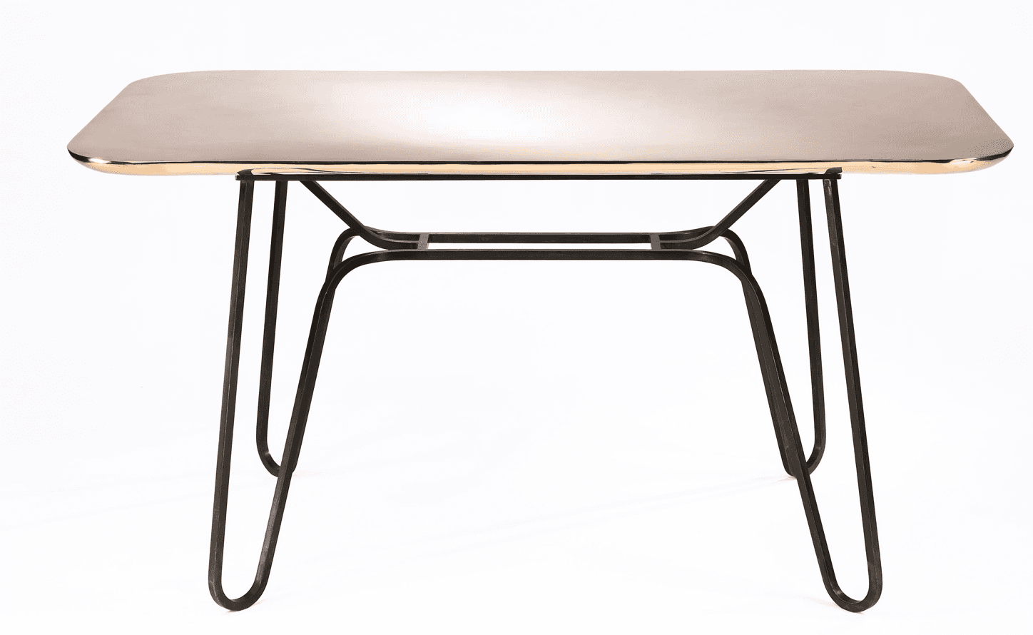 A rectangular dining table with rounded corners. The tabletop has a polished, reflective surface wit… — 3D model