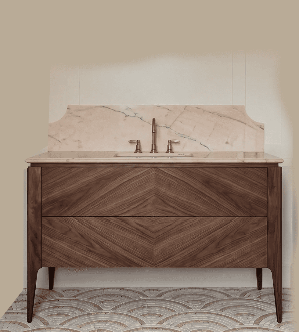 A contemporary bathroom vanity featuring a dark walnut wood cabinet, a light marble countertop with… — free GLTF 3D model