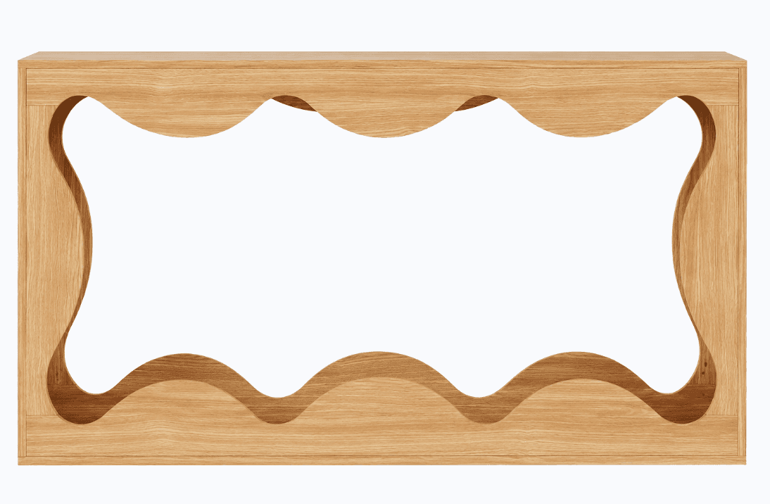 A wooden console table with a rectangular top and a lower shelf. Both the top and shelf feature a de… — 3D model