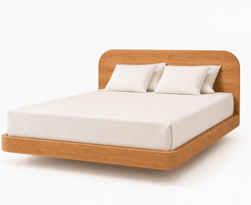 A modern platform bed crafted from light-toned wood, featuring an integrated headboard with smoothly… — free GLTF 3D model