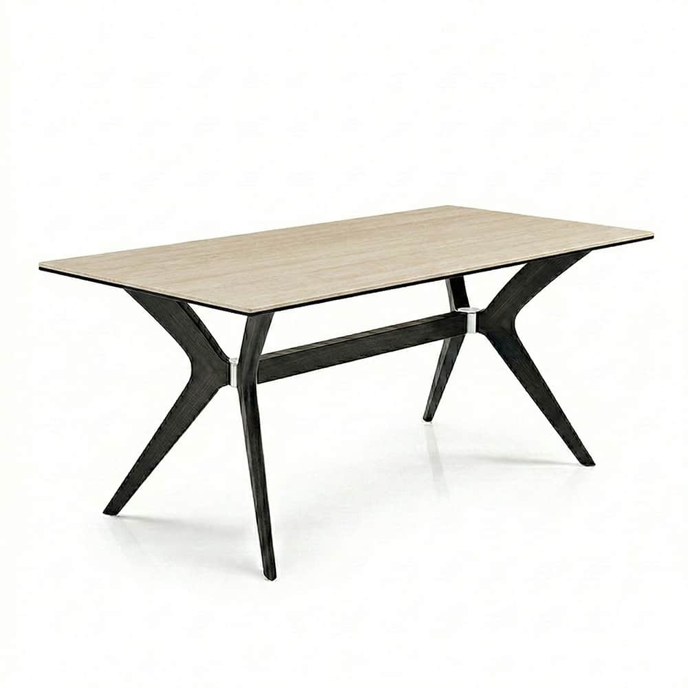 A rectangular dining table with a light-colored, wood-grain textured tabletop and a dark, sculptural… — 3D model