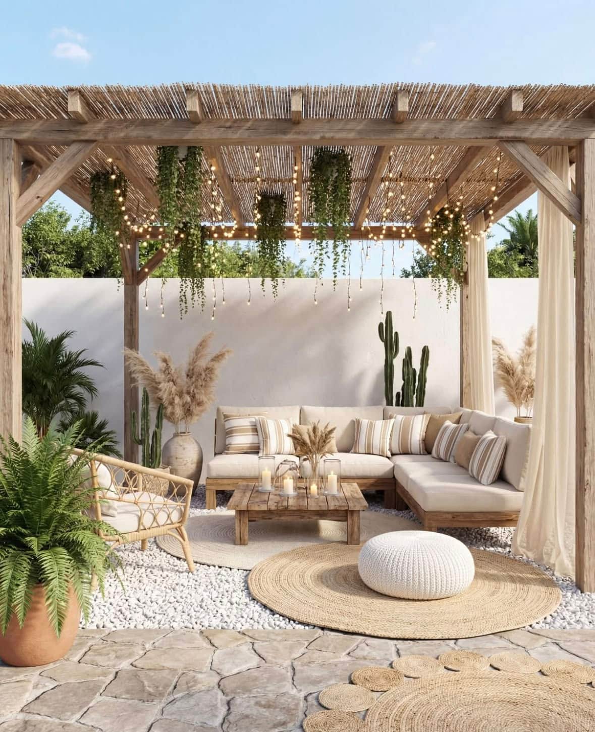 An outdoor living area featuring a bohemian style sectional sofa set positioned under a rustic woode… — 3D model