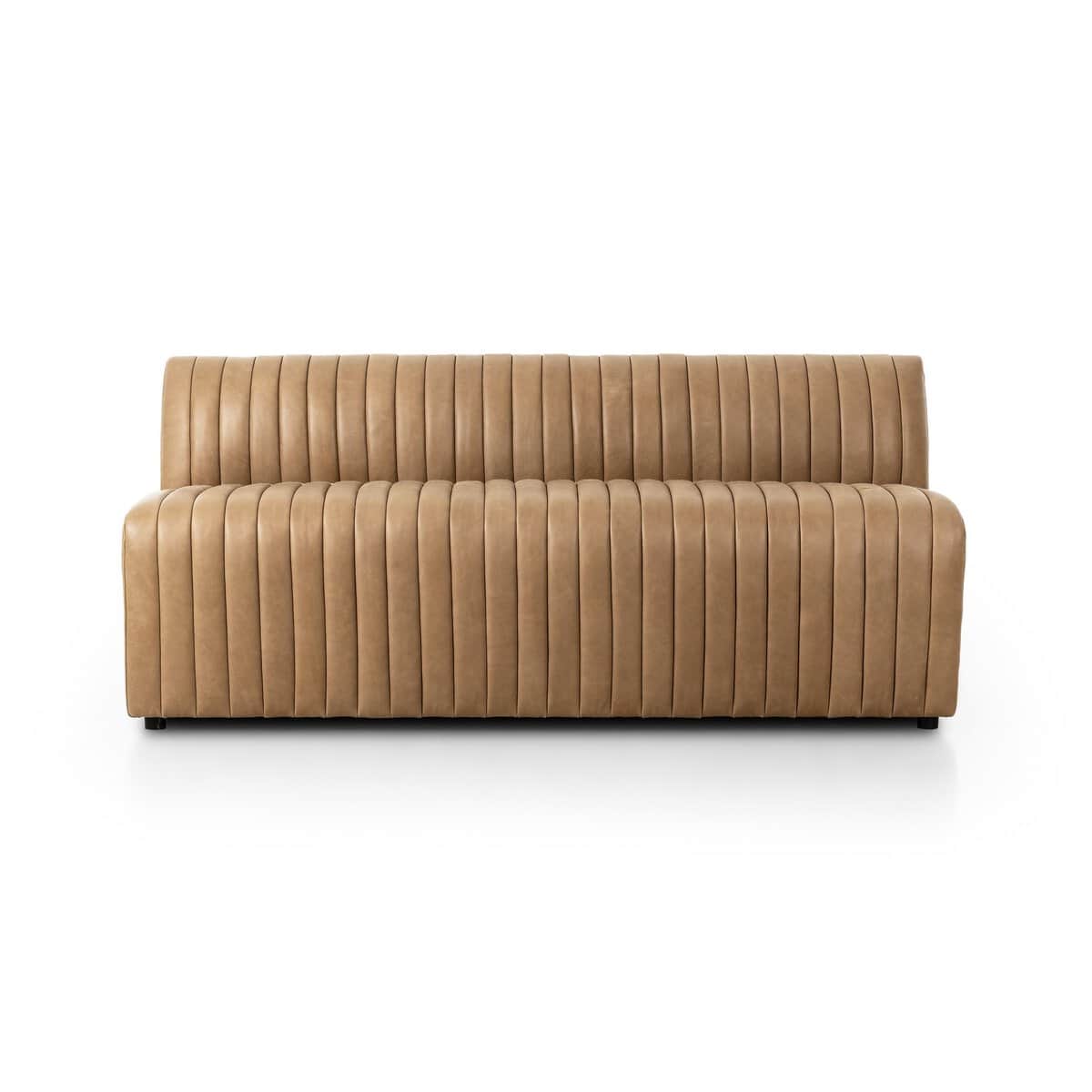 A contemporary armless loveseat featuring vertical channel tufting and upholstered in a tan leather.… — 3D model