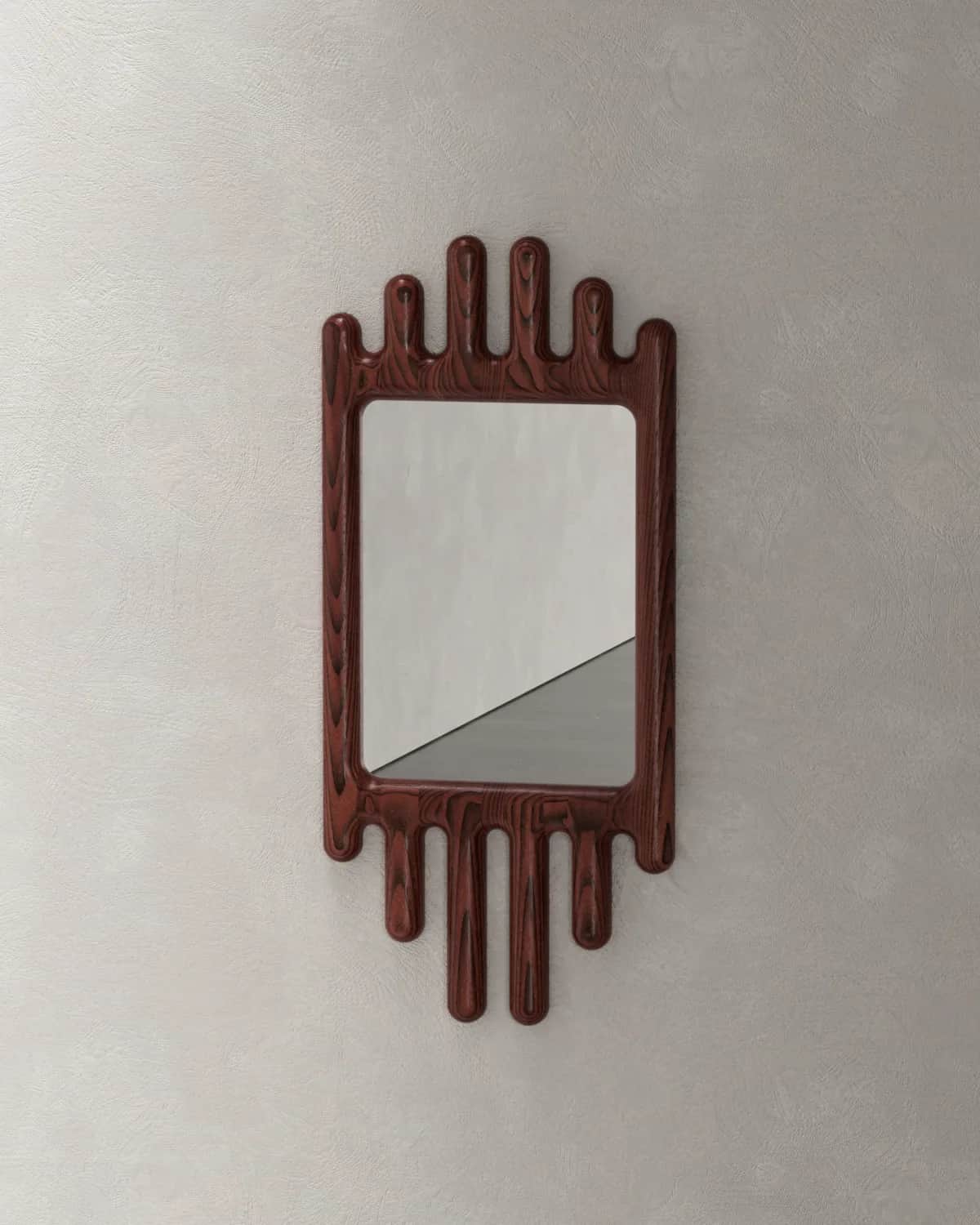 A wall-mounted mirror featuring a rectangular reflective surface encased in a distinctive dark wood… — free GLB 3D model