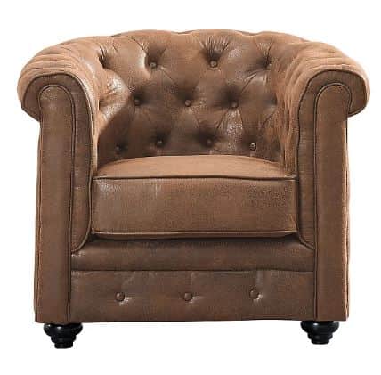 A classic Chesterfield-style armchair upholstered in a distressed brown faux-leather material, featu… — 3D model