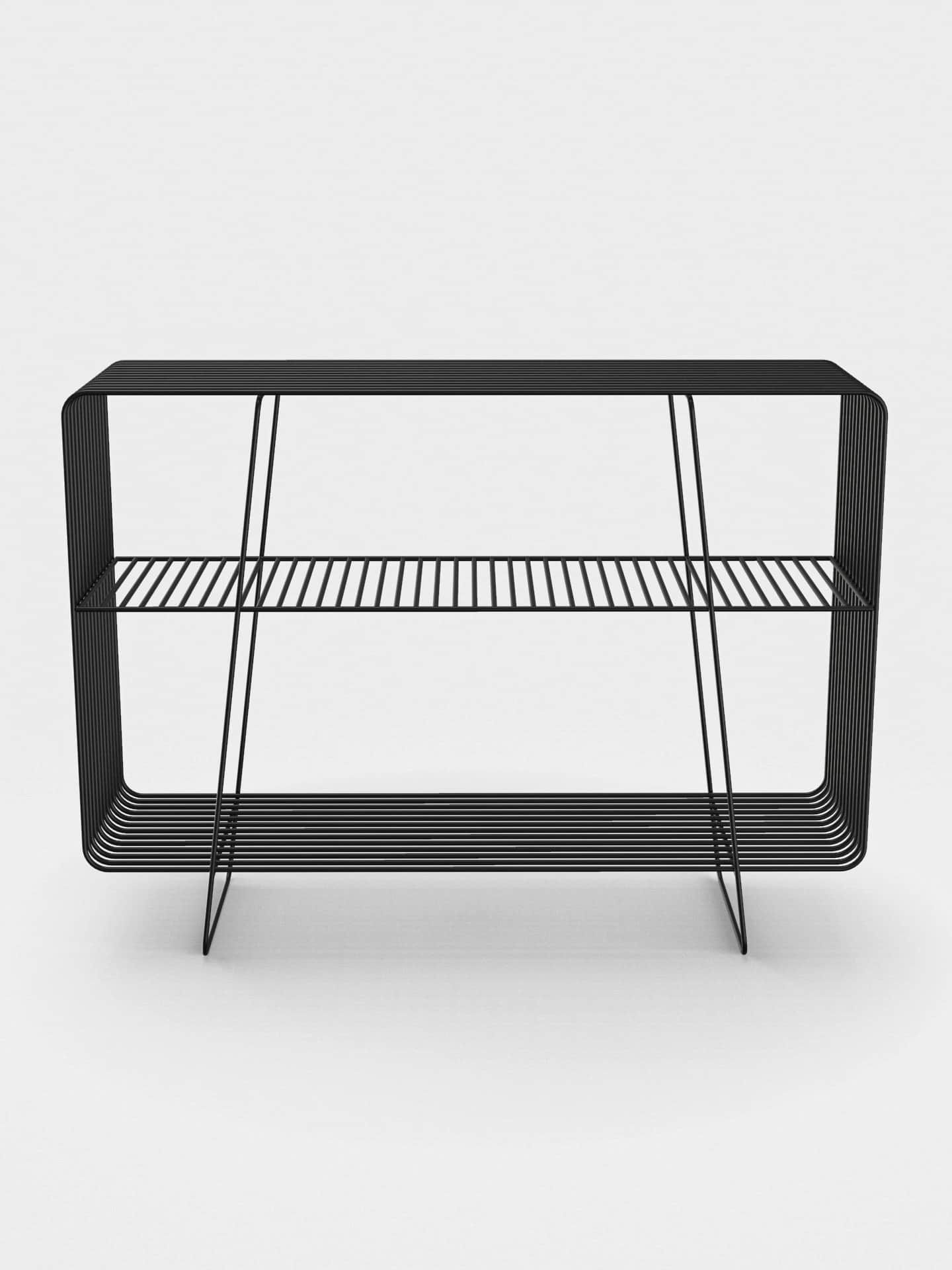 A minimalist two-tier console table constructed entirely from continuous black bent metal rods. The… — 3D model
