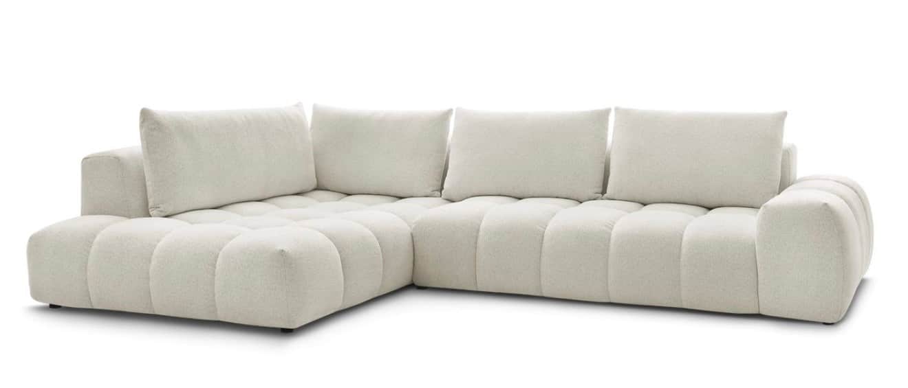 A sectional sofa with a low profile and deep seating. The sofa features a tufted seat and back cushi… — free GLB 3D model