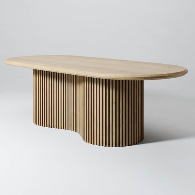 A modern coffee table with an organic, elongated oval tabletop and a distinctive base composed of ve… — free BLEND 3D model