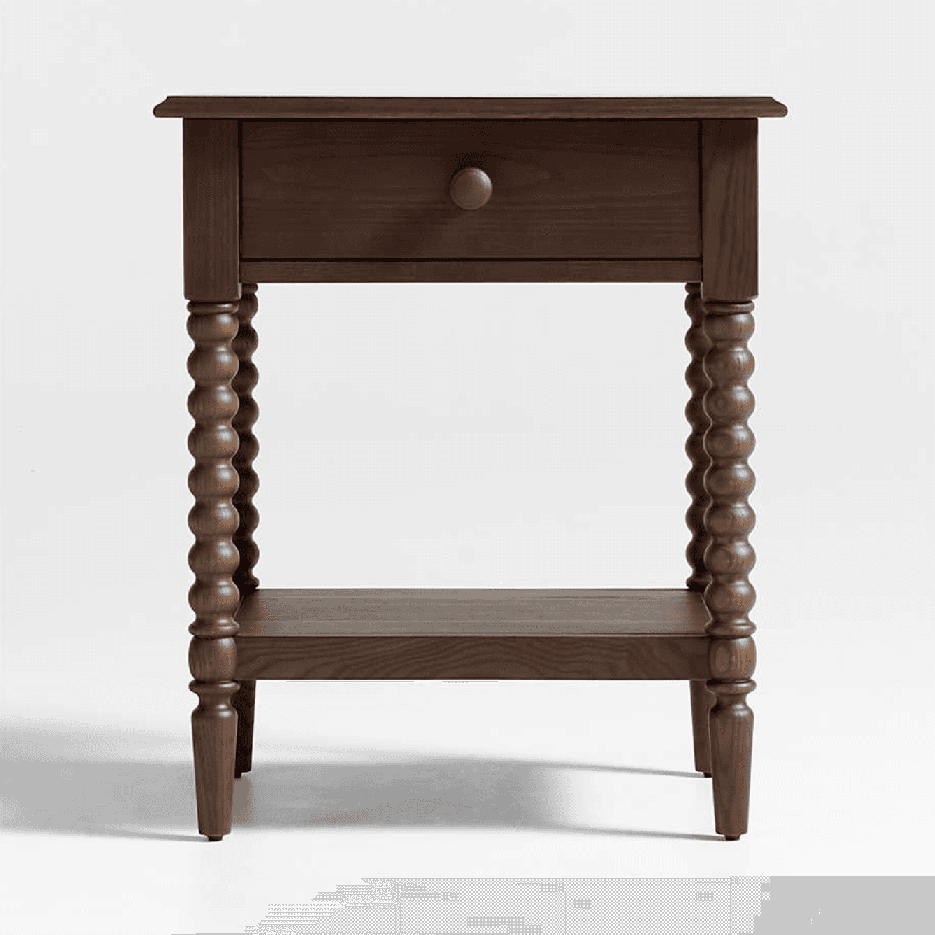 A dark brown wooden nightstand featuring a single top drawer with a round wooden pull knob and an op… — 3D model