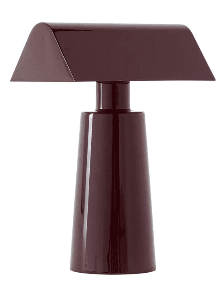 A modern, monochromatic table lamp featuring a conical base and a distinctive rectangular, angled sh… — 3D model