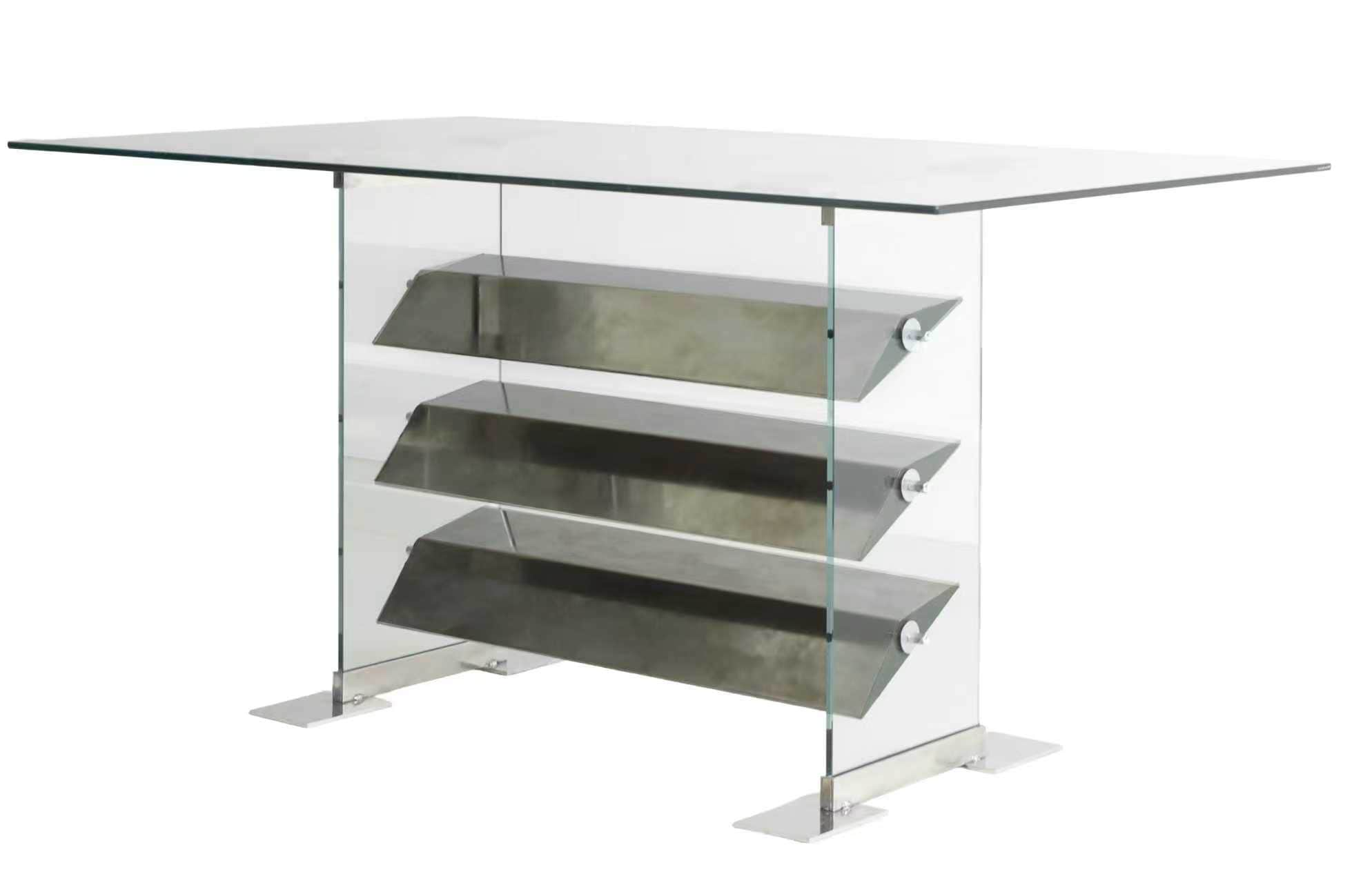 An elongated console table featuring a clear rectangular glass tabletop supported by two clear glass… — free OBJ 3D model