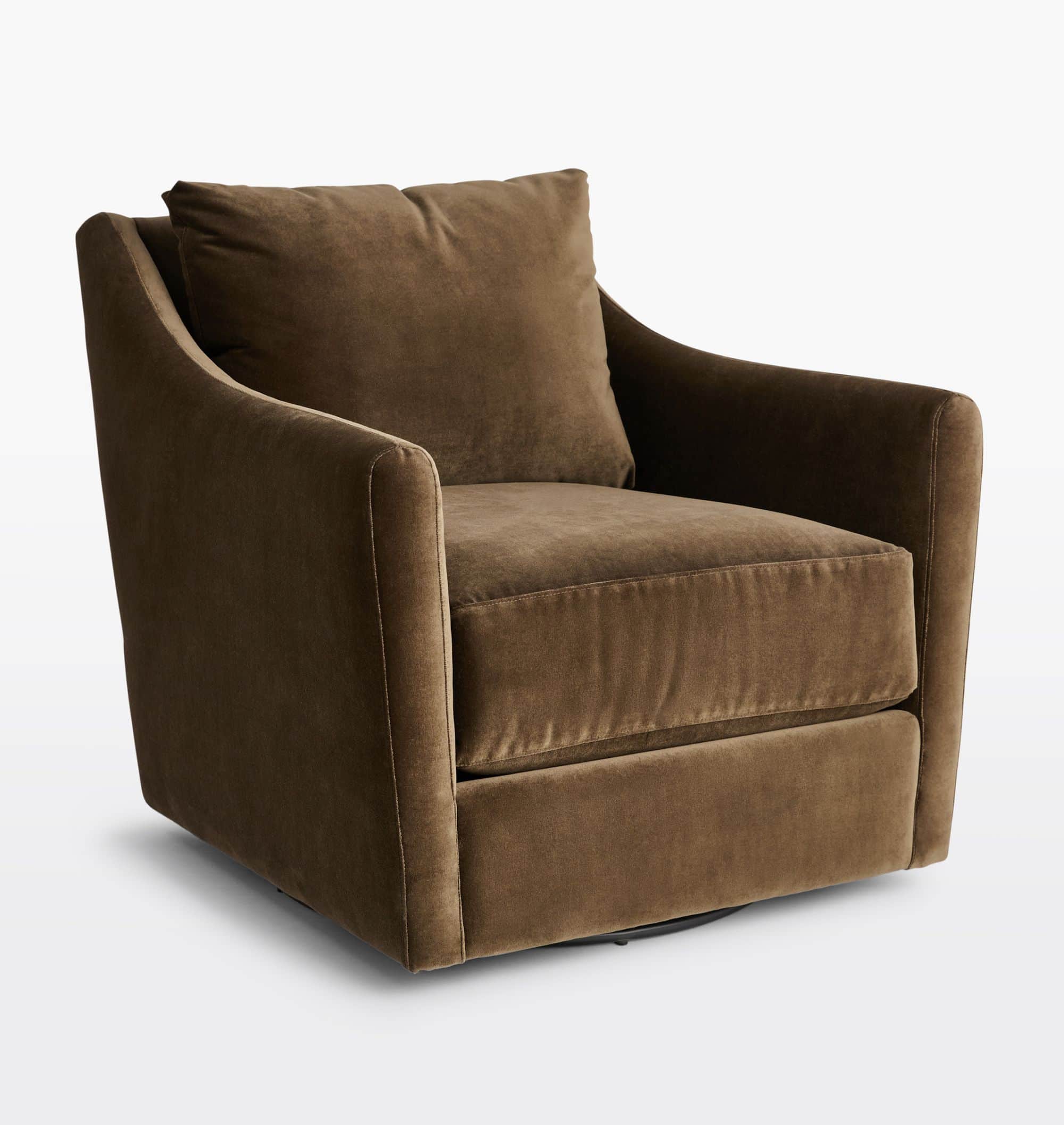 A plush armchair upholstered in a dark brown velvet-like fabric. It features a rounded back and arms… — free OBJ 3D model