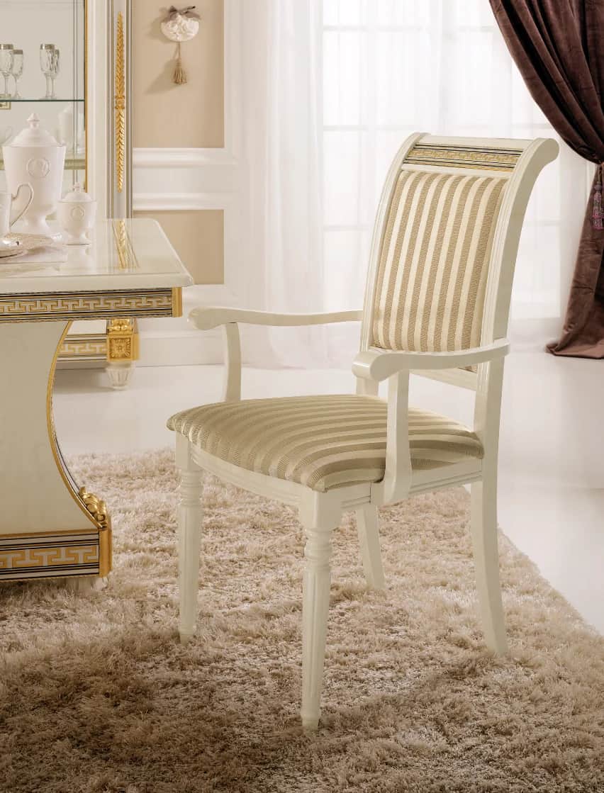A classic style dining armchair with an off-white wooden frame, striped upholstered seat and back, a… — 3D model