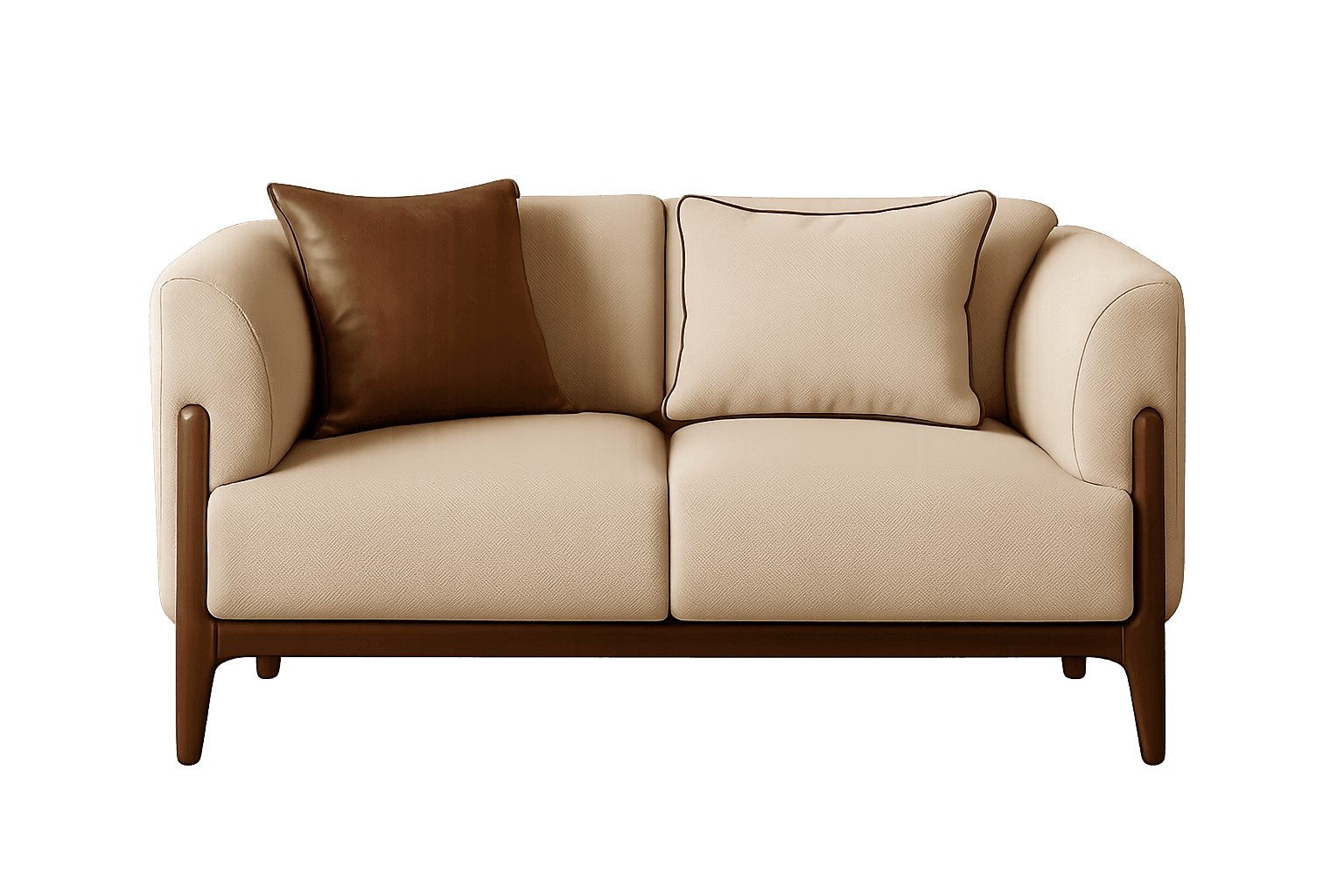 A modern two-seater loveseat featuring cream-colored textured fabric upholstery, an exposed dark woo… — 3D model