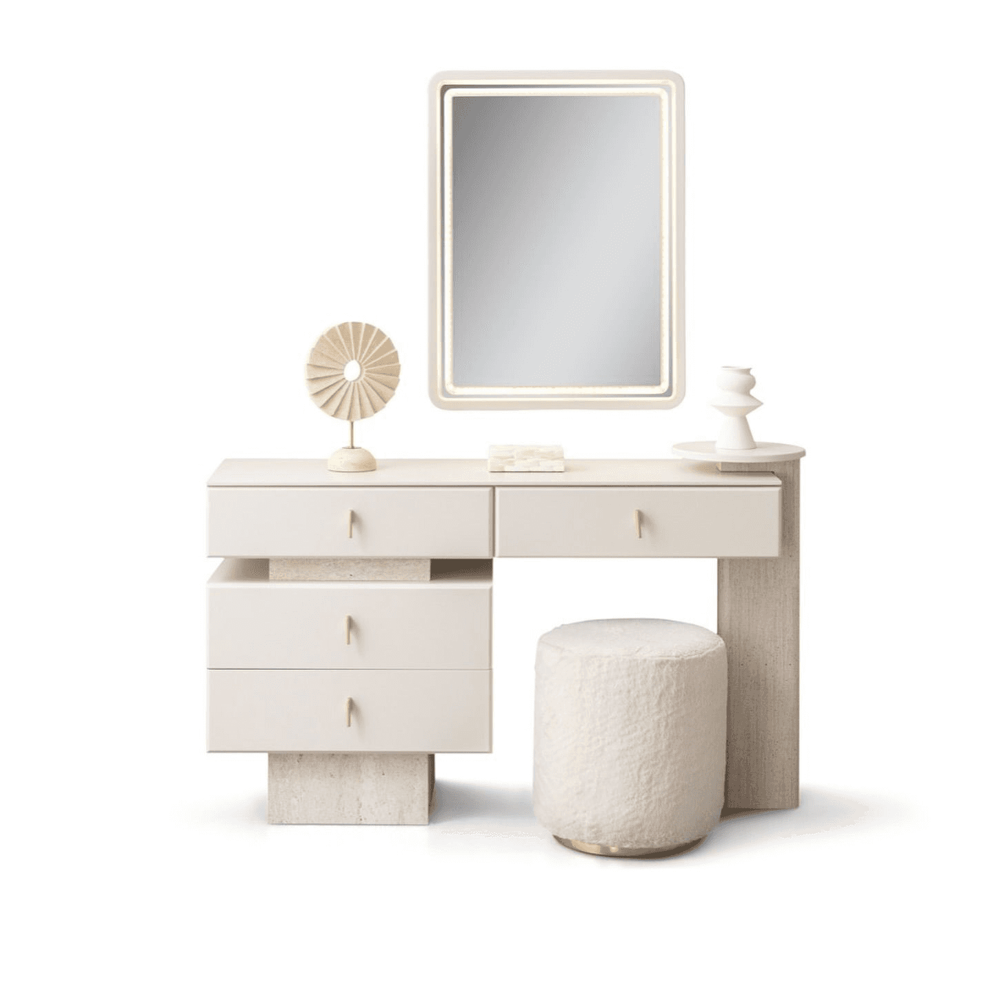 A contemporary vanity set featuring a desk-style vanity table, a rectangular LED-illuminated mirror,… — 3D model