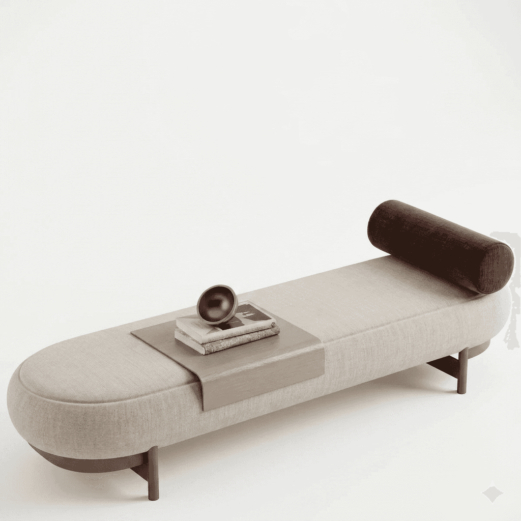 A modern chaise lounge with an elongated, rounded form. The seating surface and rounded end are upho… — 3D model