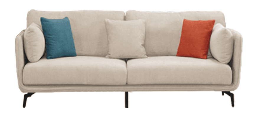 A contemporary two-seater sofa upholstered in light beige fabric, featuring slender black metal legs… — 3D model