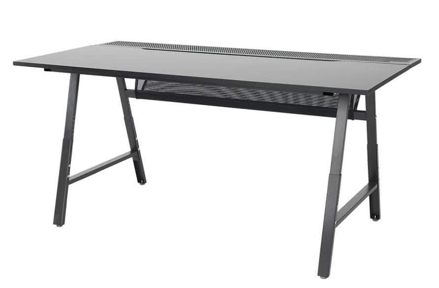 A modern desk with a sleek, dark tabletop and a metallic frame. The tabletop appears to be made of a… — free OBJ 3D model