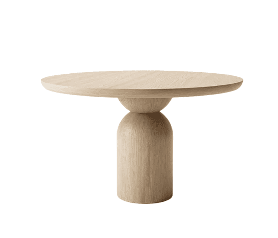 A light-toned wooden round table featuring a thick, rounded pedestal base supporting a substantial c… — 3D model